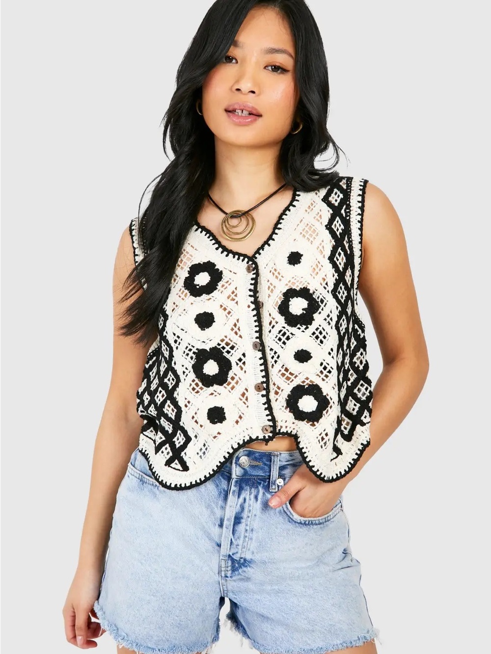 Black & Cream Crochet Vest Women's Cropped Jacket